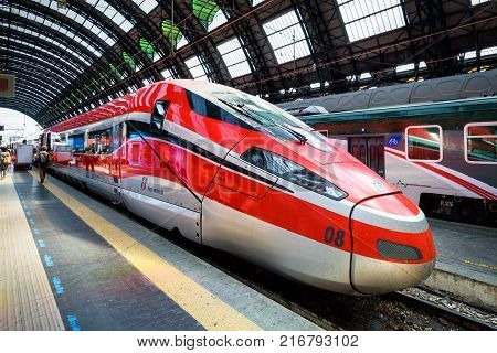 Milan, Italy - May 17, 2017: Modern high-speed train at the Milan Central Station.