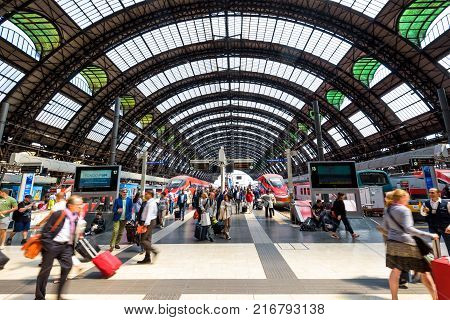 Milan, Italy - May 17, 2017: Milan Central Station with modern high-speed trains.