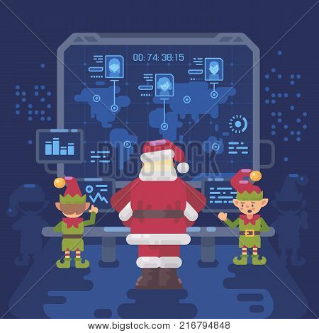 Santa Claus and his elves at Santa's control room looking at a big screen with interactive map of naughty and nice children around the world. Christmas flat illustration