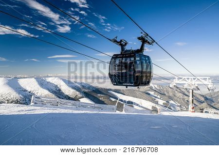 JASNA SLOVAKIA - DECEMBER 2: Ropeway Funitel on hill Chopok in resort Jasna in Low Tatras mountains on December 2 2017 in Jasna