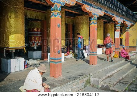 Thimphu, Bhutan - September 17, 2016: Tourists At The National Memorial Stupa, Thimphu, Bhutan.