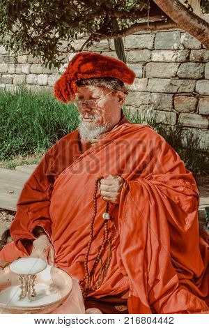 Thimphu, Bhutan - September 17, 2016: Bhutanese Old Woman Near The National Memorial Stupa, Thimphu,