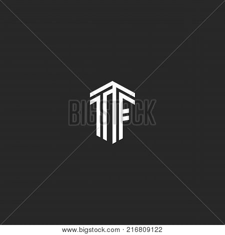 Logo TF letters monogram, line intersection calligraphic isometric linear minimal style emblem FT Initials, linked capital letters F and T typography design element template
