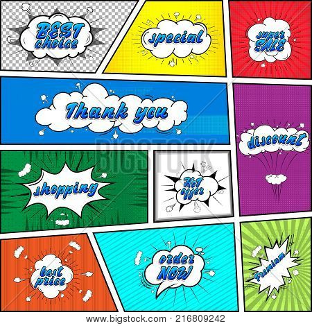 Comic collection saleand discount colored sound chat text effects pop art vector style. 3d font.