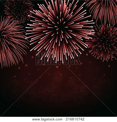 Firework sparkle background card. Beautiful bright fireworks isolated on black background. Light red decoration fireworks for Christmas card New Year celebration Vector illustration