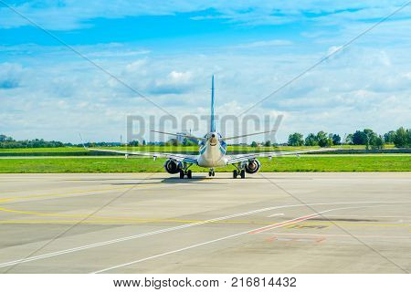 Boryspil Ukraine - 23 August 2017: Aircraft of Embraer E190 ready for take-off from the runway of Boryspil airport