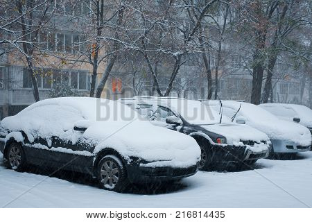 Heavy cold snowfall in town winter. weather