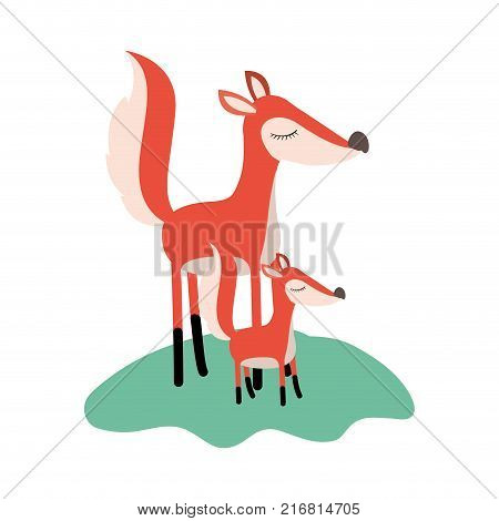 cartoon fox mom and cub over grass in colorful silhouette on white background vector illustration
