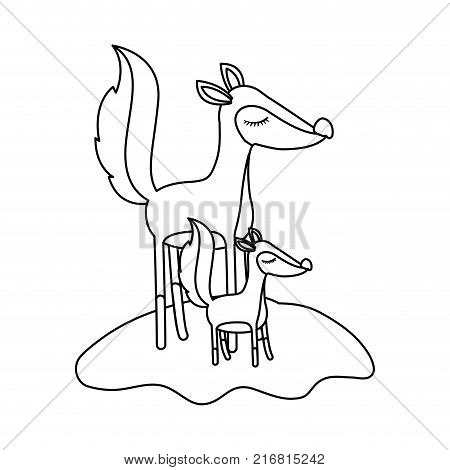 cartoon fox mom and cub over grass in monochrome silhouette vector illustration