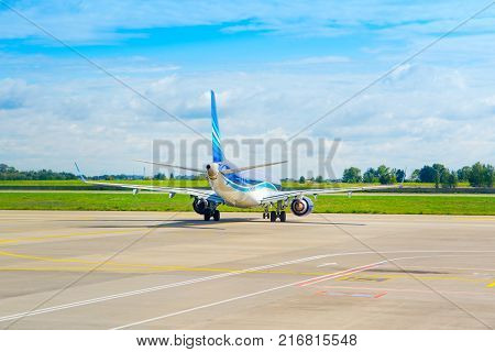 Boryspil Ukraine - 23 August 2017: Aircraft of Embraer E190 ready for take-off from the runway of Boryspil airport