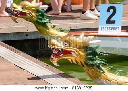 Rome Italy - July 30 2016: Dragon boat crews compete at the european championships held in Italy in 2016 summer details of the boats