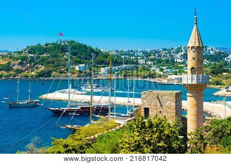 Bodrum Turkey - 01 September 2017: Beautiful Mediterranean landscape of Bodrum bay view from Bodrum castle to the old town and mosque
