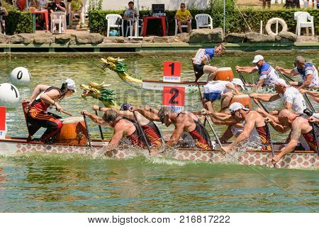 Rome Italy - July 30 2016: Dragon boat crews compete at the european championships held in Italy in 2016 summer England and Spain crews during the race