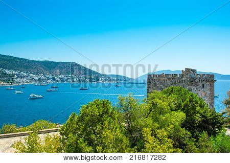 Panoramic view from Bodrum castle to Aegean sea landscape Turkey