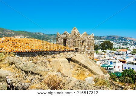 Bodrum Turkey - 5 September 2017: Panoramic view from tower wall of Bodrum Castle Aegean sea Turkey