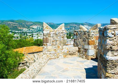 Panoramic view from tower wall of Bodrum Castle Aegean sea Turkey