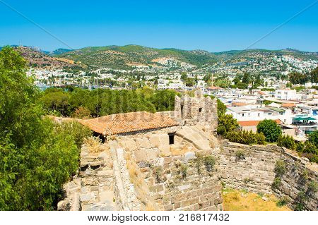 Bodrum Turkey - 5 September 2017: Panoramic view from tower wall of Bodrum Castle Aegean sea Turkey