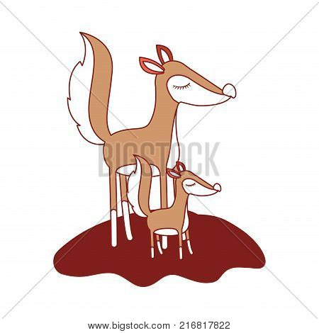 cartoon fox mom and cub over grass in color sections silhouette vector illustration