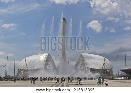 Adler, Sochi, Krasnodar region, Russia - July 8, 2016: Singing fountains and the stadium "Fischt" in Sochi Olympic Park