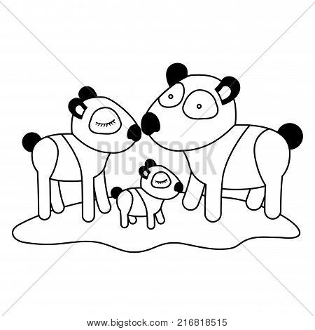 cartoon pandas couple with cub over grass in black silhouette vector illustration