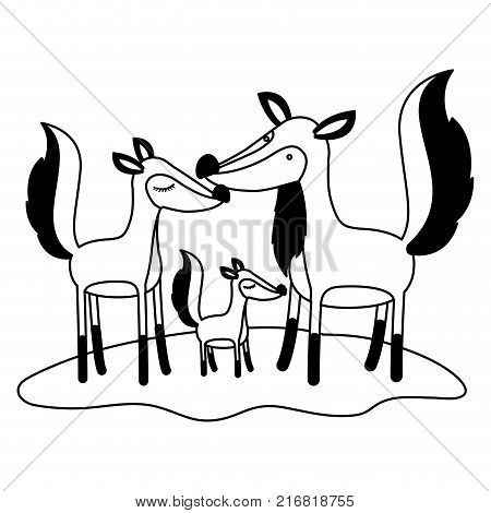 cartoon fox couple and cub over grass in black silhouette vector illustration