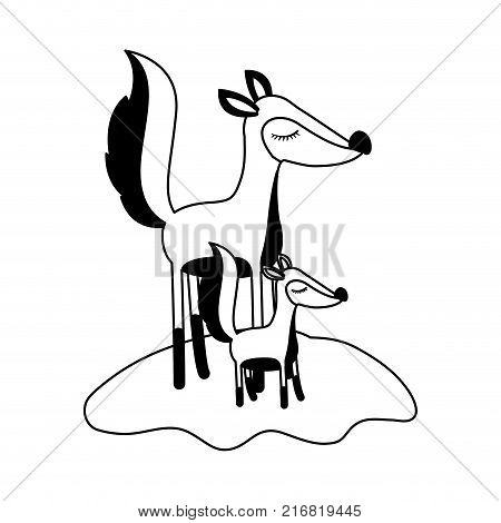 cartoon fox mom and cub over grass in black silhouette vector illustration