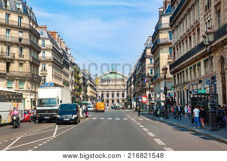 Paris France - 20 July 2017: Street view to The Palais Garnier - Opera National de Paris from the Avenue de l'Opéra