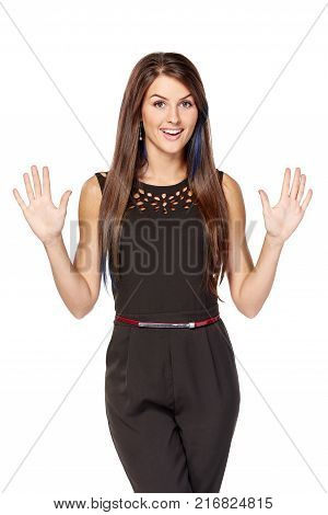Hand counting ten fingers. Happy woman indicating the number ten with her fingers