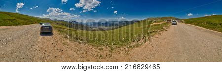 ADJARA, GEORGIA - 08 AUGUST 2017: High-Resolution Panorama of Batum-Akhaltsikhe unpaved mountain road 