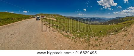 ADJARA, GEORGIA - 08 AUGUST 2017: High-Resolution Panorama of Batum-Akhaltsikhe unpaved mountain road 