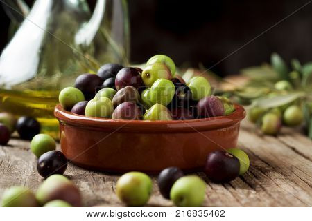 an earthenware bowl full of arbequina olives from Catalonia, Spain, a cruet with olive oil and some twigs of olive tree on a wooden rustic table