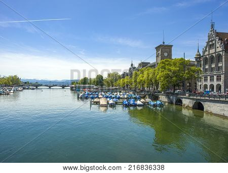 Bern Switzerland - 21 May 2017: View across River Aare with Untertor Bridge Bern Switzerland 21 May 2017