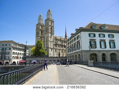 Zurich Switzerland - 21 May 2017: View to the Grossmunster (great minster) is a Romanesque-style Protestant church Zurich Switzerland 21 May 2017