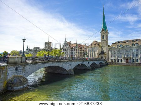 Bern Switzerland - 21 May 2017: View across River Aare with Untertor Bridge Bern Switzerland 21 May 2017