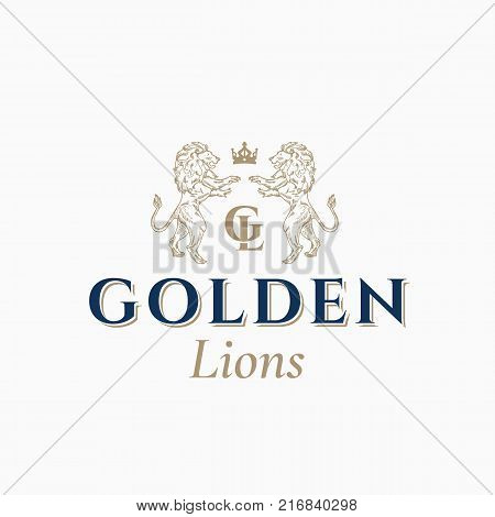 Golden Lions Abstract Vector Sign, Symbol or Logo Template. Hand Drawn Lion Sillhouettes with Classy Retro Typography. Vintage Heraldry Vector Crest or Emblem. Isolated.