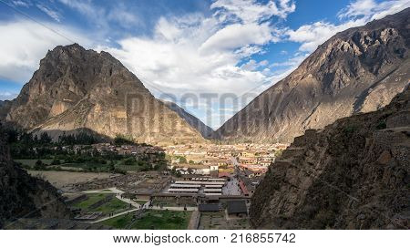 Ollantaytambo Peru - September 2017: Aerial view of ancient Inca city Ollantaytambo. Peru South America