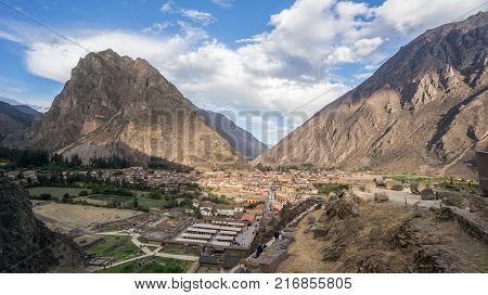 Ollantaytambo Peru - September 2017: Aerial view of ancient Inca city Ollantaytambo. Peru South America
