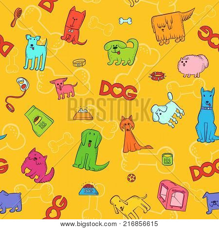 Vector bright seamless pattern of different cartoon dog breeds. Items caring for pet and feeding. Funny caricature animals characters. Contour colorful sketch illustration. The inscription and heart