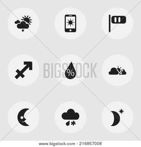 Set Of 9 Editable Air Icons. Includes Symbols Such As Breeze Cone, Night Sky, Sun In Display And More