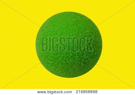 Ball. Green colour. Surface hairy hairy soft. The outline is a hard smooth circle. Yellow background. Contrast.