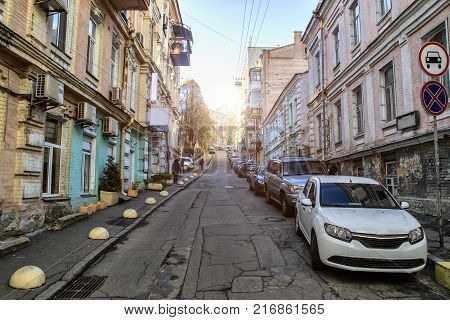 Quiet European street, quiet sunny morning in the city