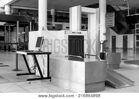 Airport security check point with metal detector and X ray scaner