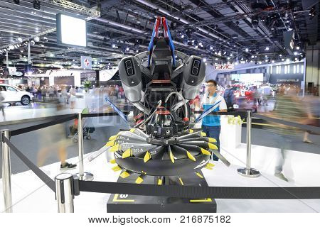 DUBAI UAE - NOVEMBER 18: The Based on the Lego Technic BMW R 1200 GS Adventure kit futuristic concept hover vehicle is on stand of Dubai Police on Dubai Motor Show 2017 on November 18 2017
