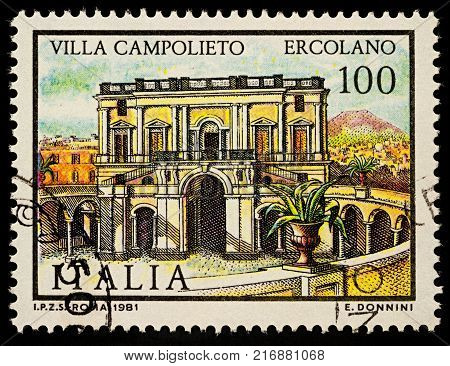 Moscow Russia - December 05 2017: A stamp printed in Italy shows Villa Campolieto in Ercolano series 