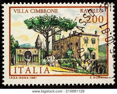 Moscow Russia - December 05 2017: A stamp printed in Italy shows Villa Cimbrone in Ravello series 