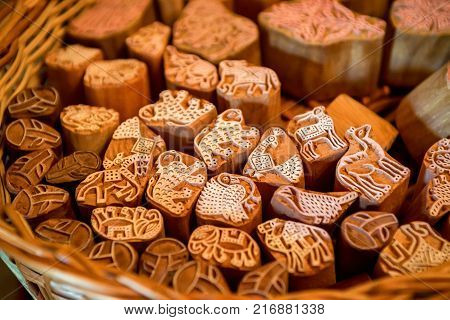 Closeup image of Indian wooden stamp for cloth