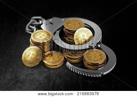 Bitcoin in handcuffs as banks wants to prohibit BTC concept. 3D rendering