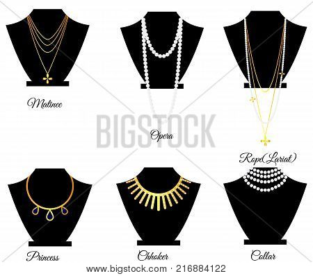 Types of necklaces by length vector illustration