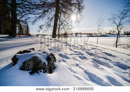 Snow shadows and textures. A rock covered by snow with the winter low sun in Bogstadvannet lake in Oslo Norway