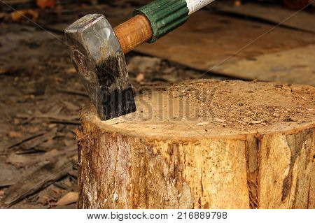 a wood splitter on a timber block ready for work